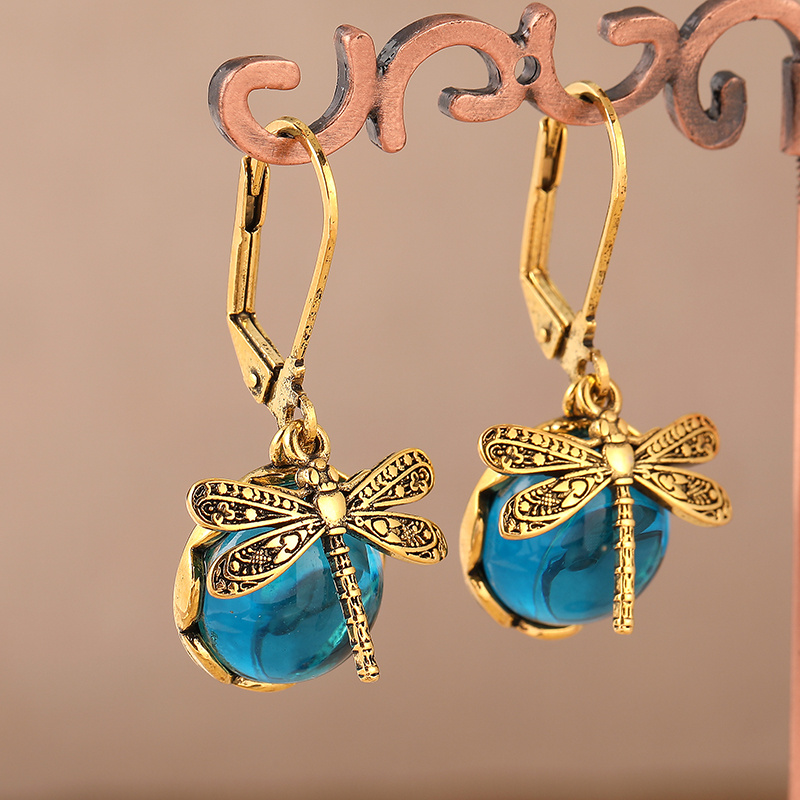 Golden Dragonfly Pendant Earrings with Moonstone Accents